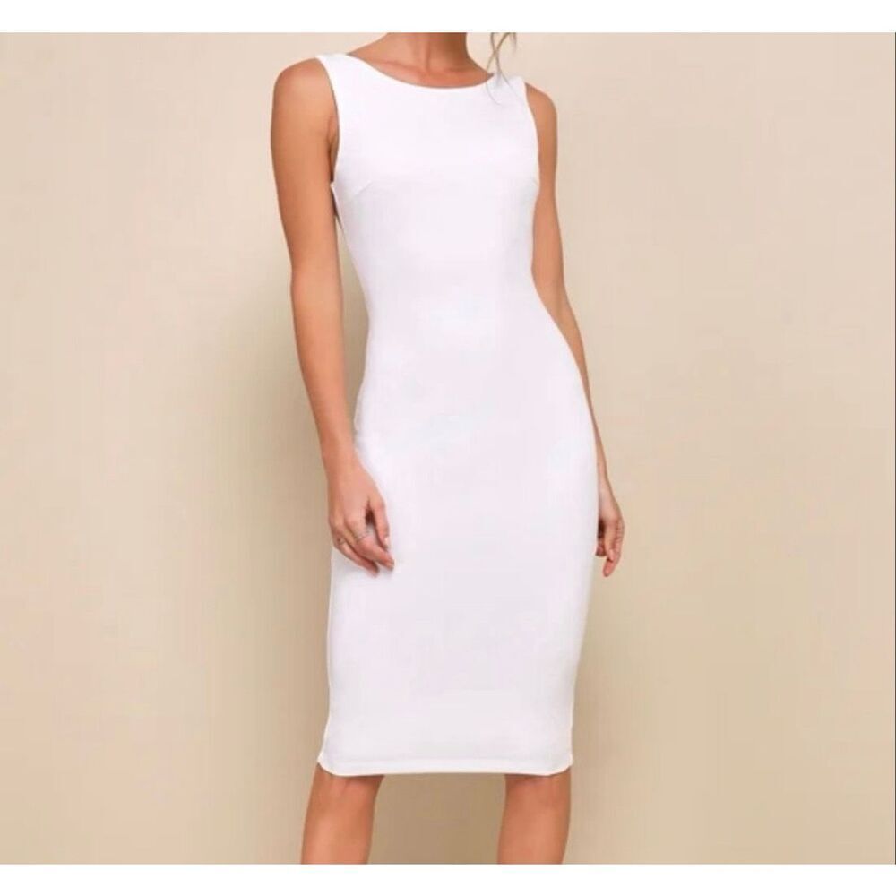 Lulus Women’s White Sleeveless Deep V Back Sheath Midi Dress Sz Medium